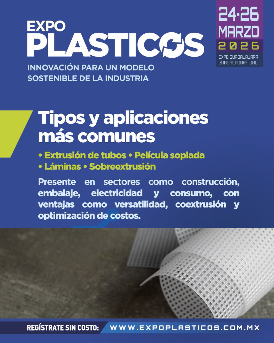 La extrusión es clave en la transformación del plástico.

En Expo Plásticos 2026 conocerás procesos, tendencias y tecnologías que impulsan la eficiencia industrial. Regístrate: expoplasticos.mx/2026/registro-…

24–26 marzo 2026 | Expo Guadalajara