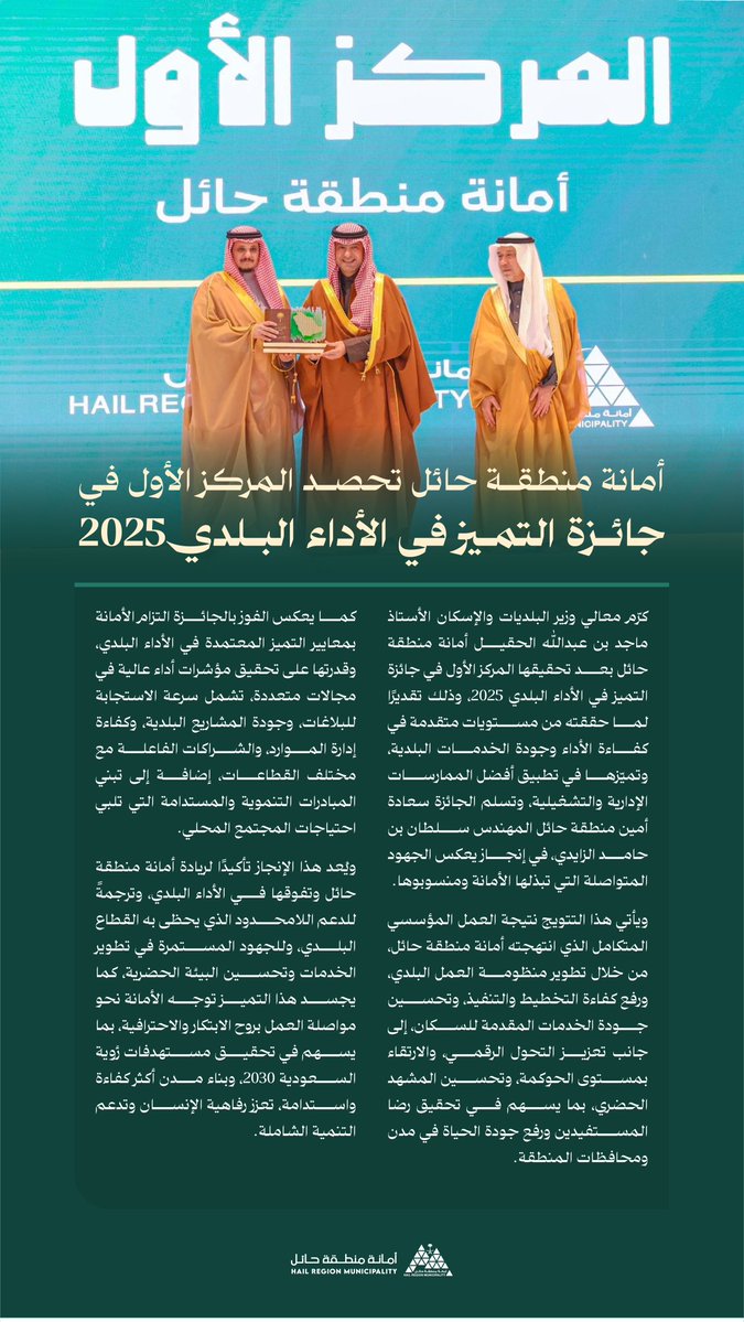• خبر
•  #أمانة_منطقة_حائل تحصد المركز الأول في جائزة التميز في الأداء البلدي 2025

كرّم معالي وزير البلديات والإسكان الأستاذ ماجد بن عبدالله الحقيل أمانة منطقة حائل، بعد تحقيقها المركز الأول في جائزة التميز في الأداء البلدي 2025، وذلك تقديرًا لما حققته من مستويات متقدمة في