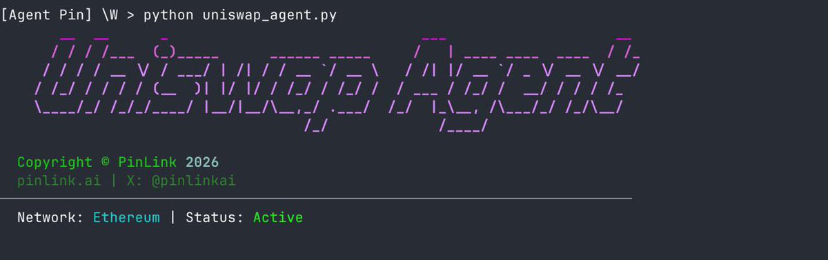 Agent Pin is taking shape.

A <a href="/Uniswap/">Uniswap Labs 🦄</a> execution agent is now in development, alongside our <a href="/pendle_fi/">Pendle</a> focused agent. These will form the first live strategies under the Agent Pin architecture, built on ERC-4626 vaults.

Non-custodial execution and intelligent capital flows push