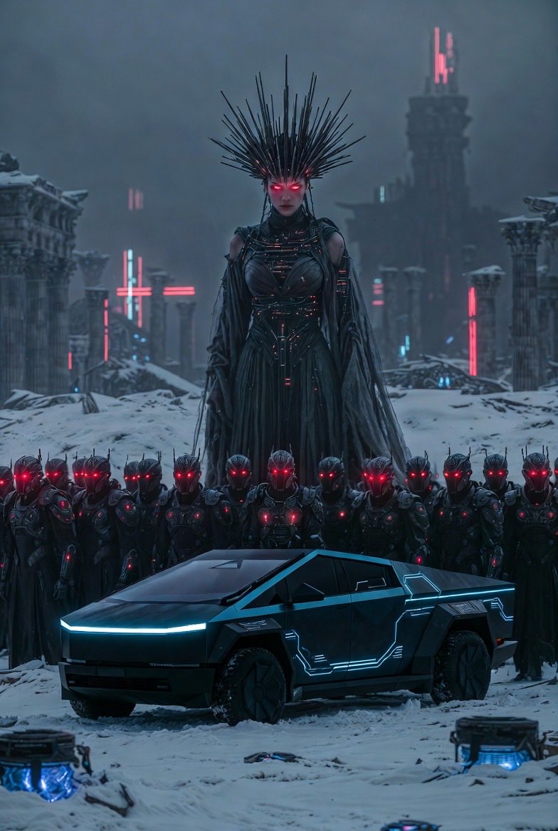 time_machine10's tweet image. In a blizzard-shrouded ancient Rome, a glowing blue Cybertruck materializes before the colossal throne of a majestic time-displaced empress guarded by massive mechanized legionaries

@elonmusk