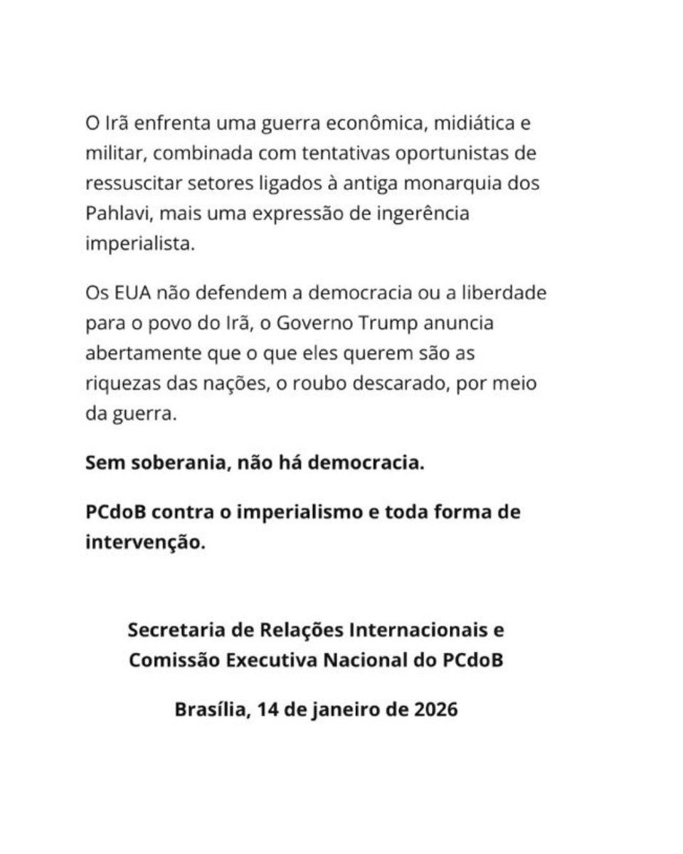 É muito preocupante a ameaça de interferência dos EUA no Irã. Compartilho o posicionamento oficial do PCdoB sobre os acontecimentos naquele país: “O povo iraniano tem direito à soberania e a resolver suas questões internas por meio de suas próprias instituições, sem interferência