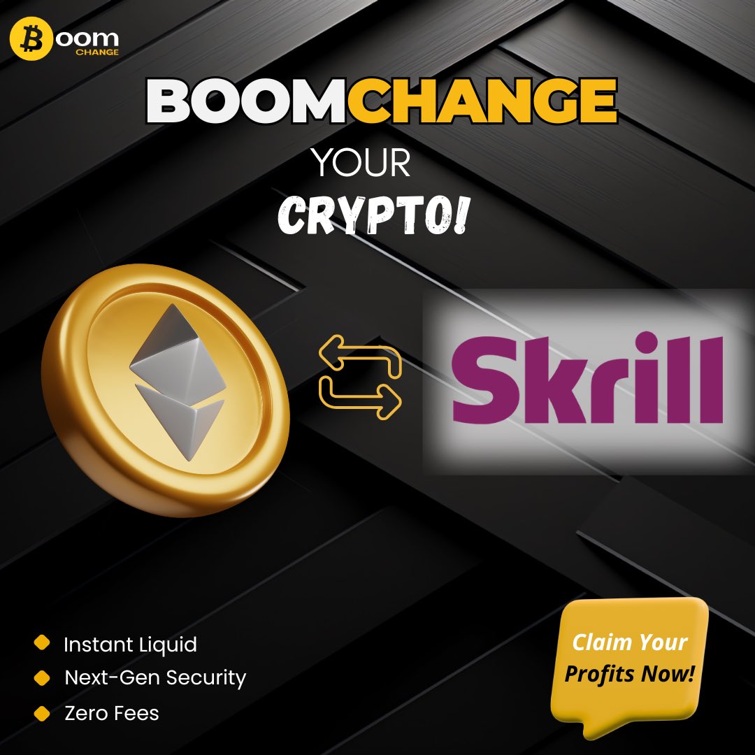 Exchange Crypto to Skrill in Seconds! ⚡️ Ready to move your assets?  BoomChange offers a fast, secure, and fee-free way to swap your Ethereum  and other cryptocurrencies directly to your Skrill account.