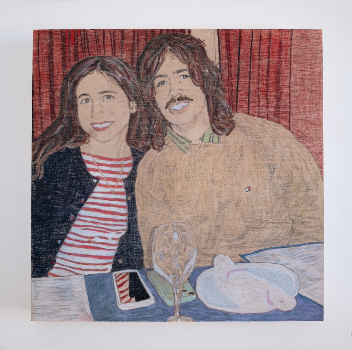 Dinner Behind Red Curtain, 2025
12” x 12”, Color Pencil on Wood Panel