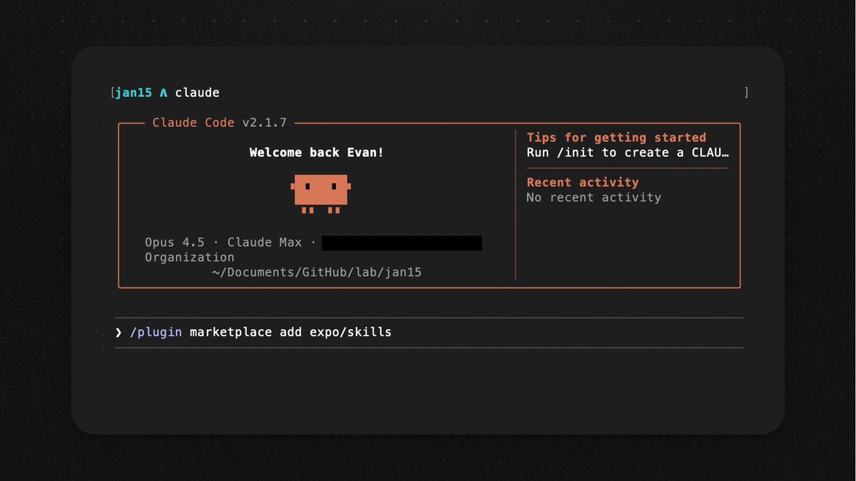 Try the new @Expo Claude Code skills today! 🚀

→ /plugin marketplace add expo/skills

/plugin install expo-app-design
/plugin install expo-deployment
/plugin install upgrading-expo

—
Use with any agent:

~ / bunx add-skill expo/skills