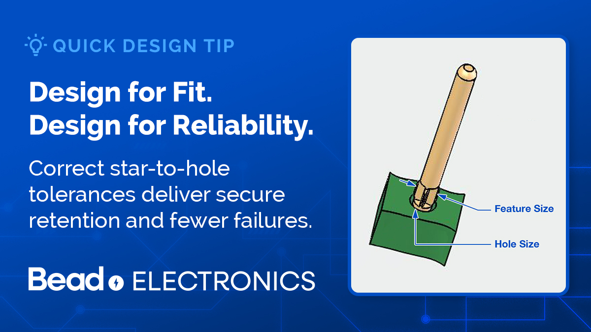beadelectronics's tweet photo. Good tolerance design = reliable retention. 💡

𝐐𝐮𝐢𝐜𝐤 𝐭𝐢𝐩:
Star retention sizing rule:
PCB hole tol ±0.002”
Star tol ±0.001”
Min star OD = max PCB hole + 0.001”

𝐑𝐞𝐬𝐮𝐥𝐭: guaranteed interference fit that increases safely and never exceeds 0.007”.

#PCBDesign https://t.co/Yysvo7T4gQ