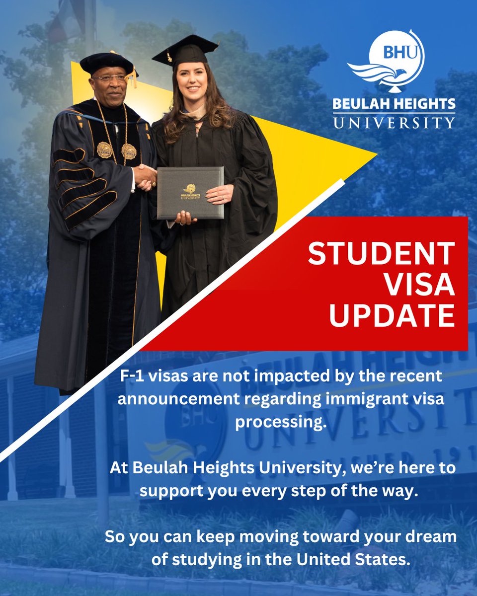 F-1 visas are not impacted by the recent announcement regarding immigrant visa processing.
At Beulah Heights University, we’re here to support you every step of the way, so you can keep moving toward your dream of studying in the United States.