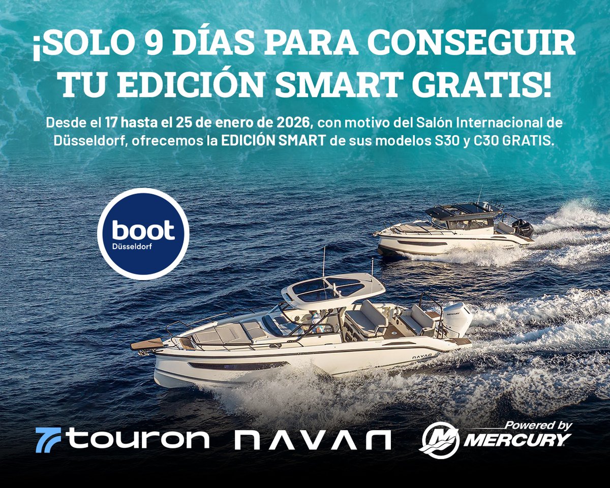 ⏳ Solo 9 días

⚓ Navan S30 y C30 con Edición Smart Craft GRATIS 

🗓️ Del 17 al 25 de enero · Düsseldorf Boat Show

📍 Consulta tu concesionario Navan

touron.es/promociones-to…

#Navan #SmartCraft #S30 #C30 #DüsseldorfBoatShow 🚀