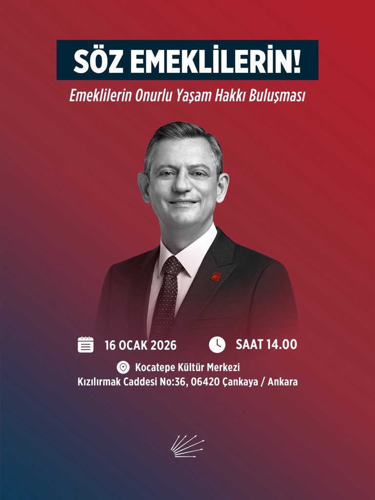 MTanal's tweet photo. Söz emeklilerin…
Yıllarca alın teri döken milyonlarca emekliye reva görülen sefalet ücretine hep birlikte sesimizi yükseltmek için Ankara’da buluşuyoruz.

Milyonlarca emekliyi açlığa mahkum eden Ak Partinin kara düzenine karşı herkesi Emeklilerin Onurlu Yaşam Hakkı Buluşması’na davet ediyoruz.

Kurtuluş yok tek başına, 
ya hep beraber ya hiçbirimiz.

Tarih:16 Ocak Cuma
Saat :14.00
Yer.    :Ankara /Çankaya 
Kocatepe Kültür Merkezi