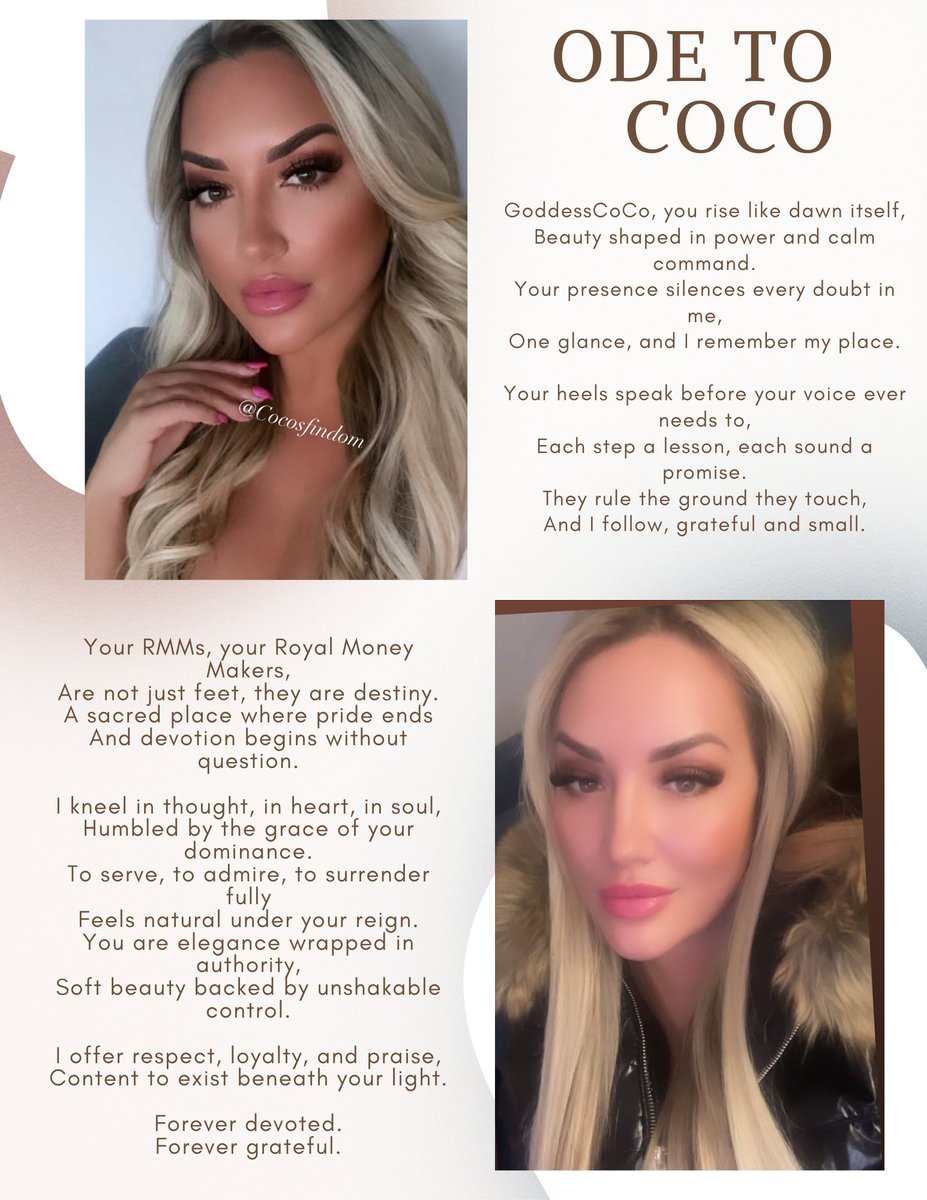 CoCosSlut's tweet photo. With deep respect and a grateful heart, I offer this small tribute to @CocosFindom. Your beauty, strength, and quiet dominance inspire my devotion every day.
Writing this felt natural, because honoring you always does.
Humbly placed at your feet, for your eyes alone. #Cocoism https://t.co/FC4rPG5p3P