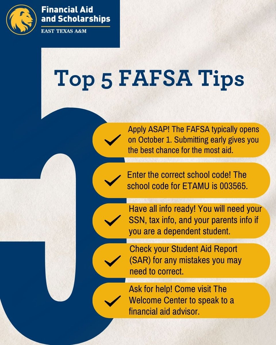 FAFSA season is here! 🎓💸
Check out our Top 5 FAFSA Tips to help you complete your application with confidence. A few small steps now can make a big difference in your financial aid. Need help? Our office is here for you! #ETAMU #financialaid #studentaid #collegeready #fafsa
