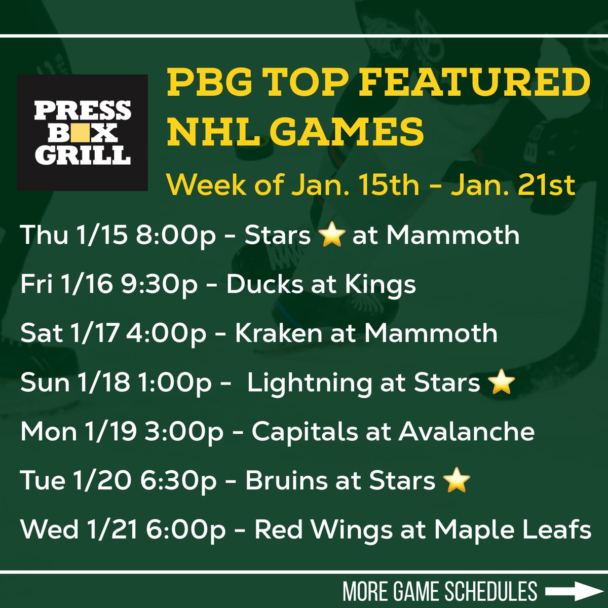 pressboxgrill's tweet photo. Hockey fans, this week’s for you 🏒⭐
Check out our featured NHL, NBA, and NFL games playing all week long at Press Box Grill — with plenty of Stars action on the screens. 

#dallassports #dallassportsbars #downtowndallas #dallas #dallastx https://t.co/scbyBf0Q6F