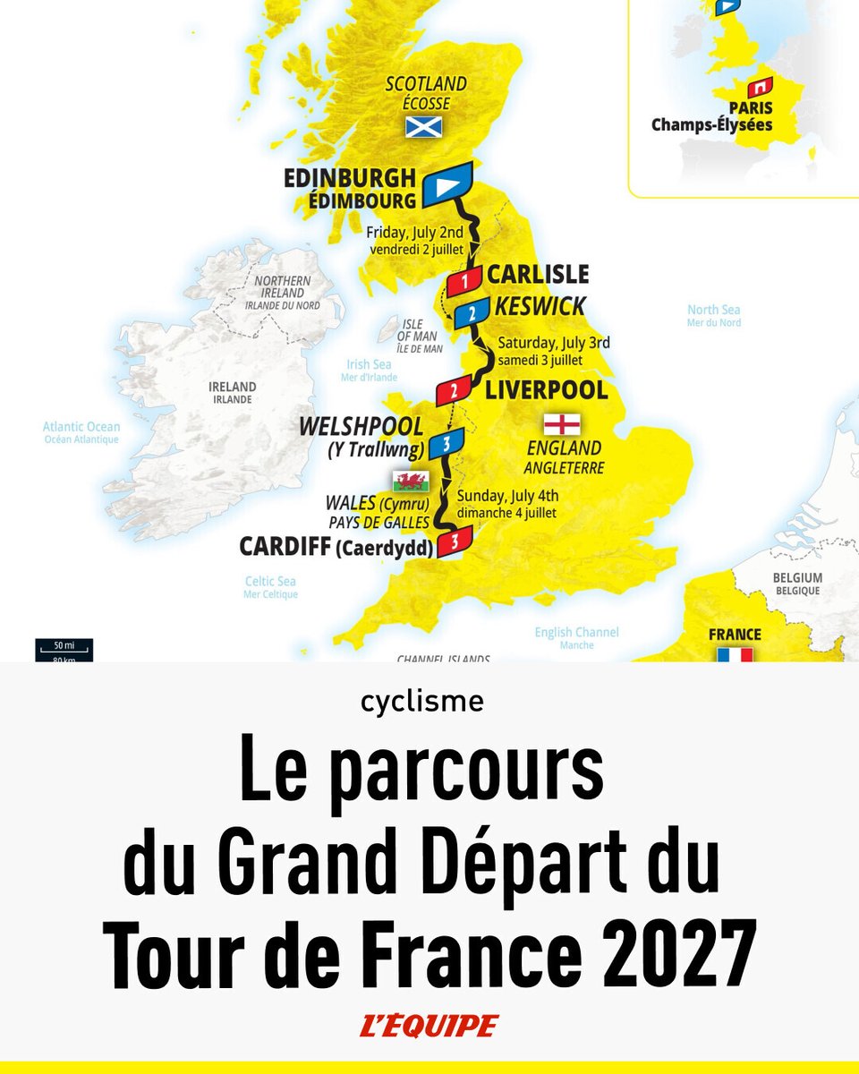 lequipe's tweet photo. Édimbourg, Liverpool, Cardiff : le programme des trois premières étapes du @leTour de France 2027 > https://t.co/xfeHzltwjw

#TDF2027 https://t.co/Yms7LHQNAz