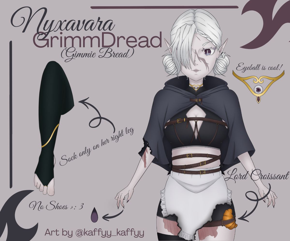 Our newest player <a href="/kaffyy_kaffyy/">Kaffy /VTUBER\</a> will be playing as the Changeling Rogue named Nyxavara Grimmdead. She isn't going through 'a phase' and certainly won't accept criticism, but will face the world with her trusty croissant. Soon, a new path will be laid before her. How will she