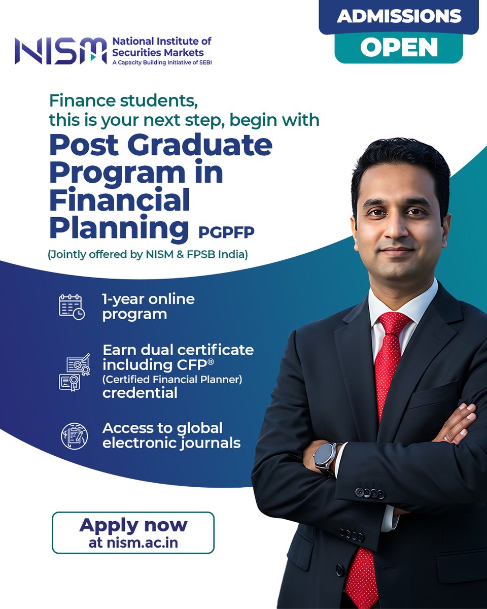 NISM_Official's tweet photo. A strong finance career begins with structured learning and global standards. Take a step toward becoming a trusted financial planning professional.
Admissions are open now, enroll today at https://t.co/CFQGdbnYkg
#NISM #LongTermPrograms #PGPFP #FinancialPlanning #FinanceCareer #FinanceAspirants #ProfessionalGrowth