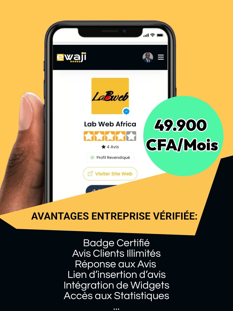 ewaji_com's tweet image. Devenez une entreprise vérifiée et gagnez la confiance de vos futurs clients dès aujourd’hui avec Avis Ewaji !
Badge certifié, avis illimités, widgets, statistiques… Tout pour booster votre crédibilité pour seulement 49.900 CFA/mois.

Rendez vous sur ewaji.com