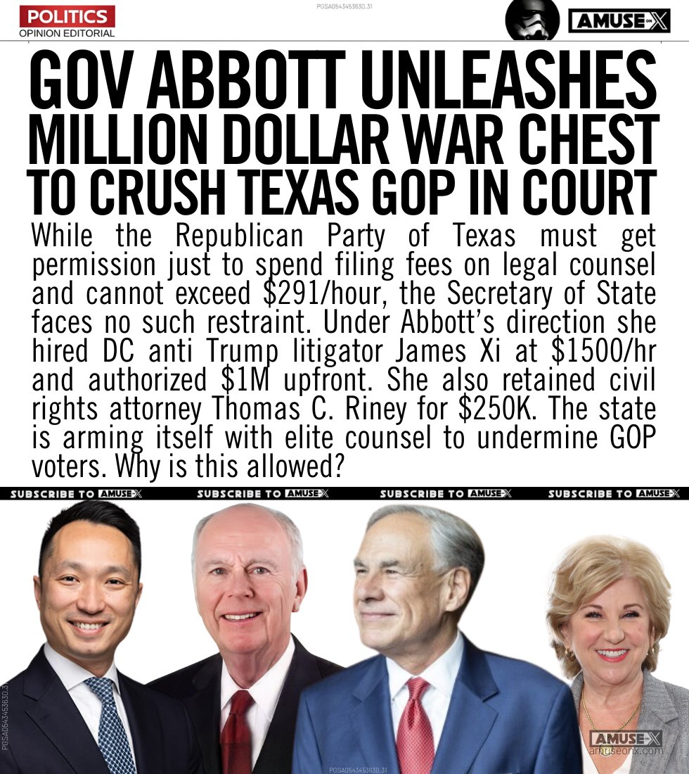 amuse's tweet image. OPEN PRIMARIES: Texas SOS Jane Nelson, at Governor Abbott's direction, is paying DC-based anti-Trump lawyer James Xi $1,500/hr to fight the Texas GOP, even though the GOP is capped at $291/hr in filing fees for its lawyers.