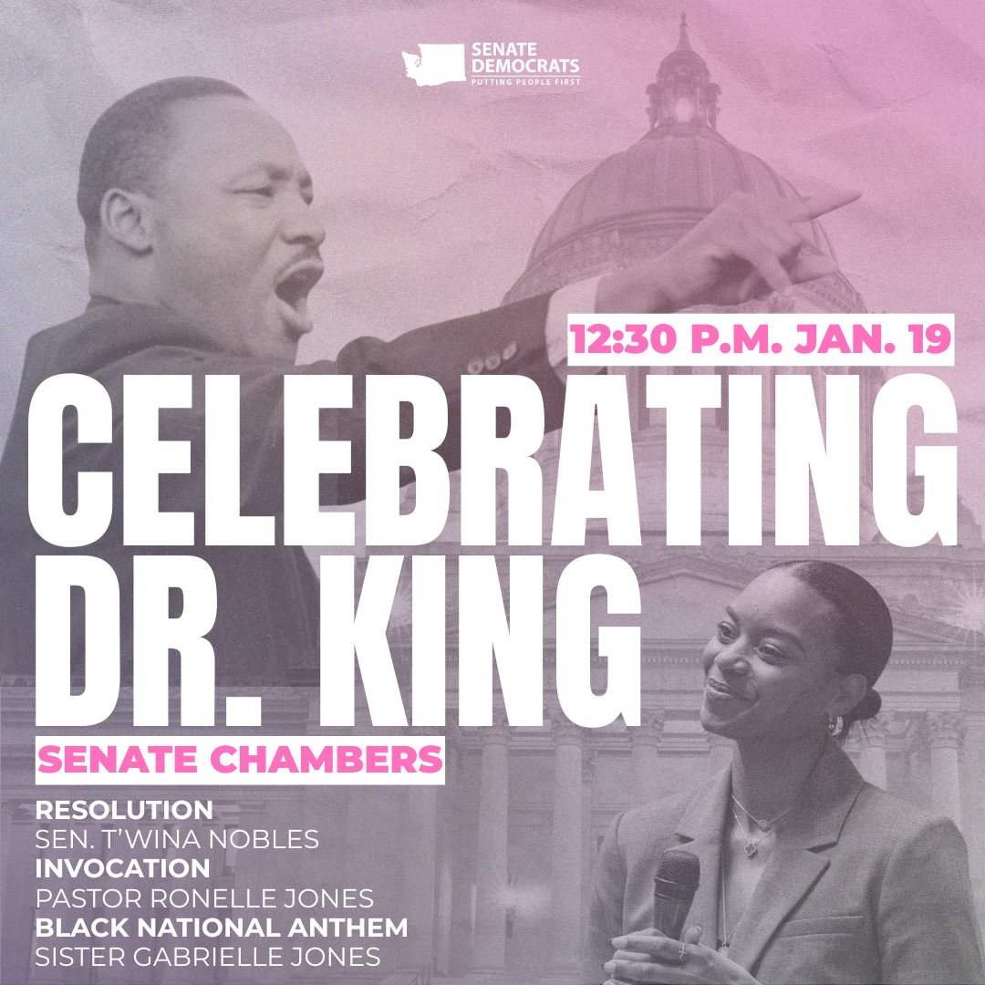 SenatorNobles's tweet photo. On Monday, the Washington State Senate will honor Martin Luther King Jr. with a resolution I’m proud to sponsor, plus a special floor performance organized by my office. 💗

👀 12:30 p.m. | Senate gallery or https://t.co/5hXeywaSav
📄 Resolution: https://t.co/bio1v4RCLv https://t.co/6kbYEbpedf