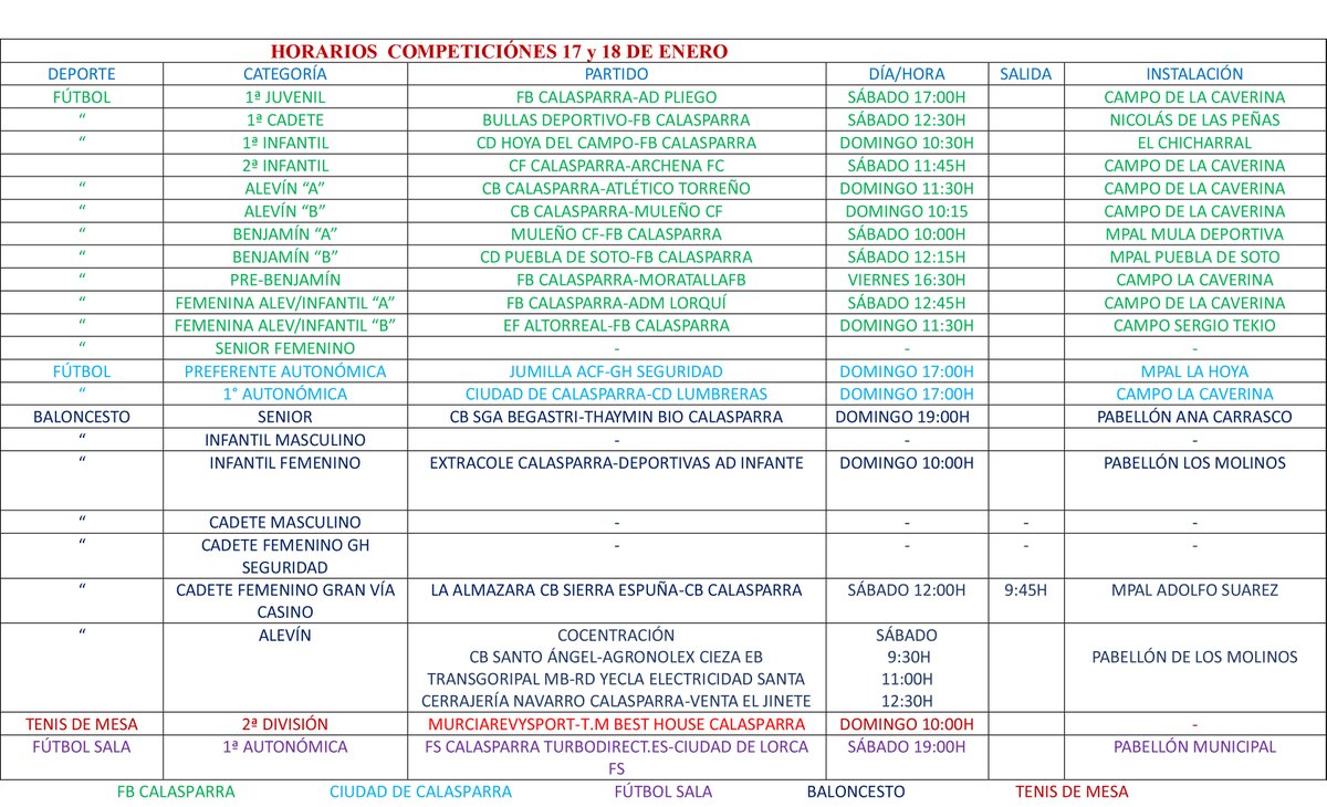Horarios deportivos del fin de semana (17 y 18 de enero) 🏀🥎⚽

#DeportesCalasparra