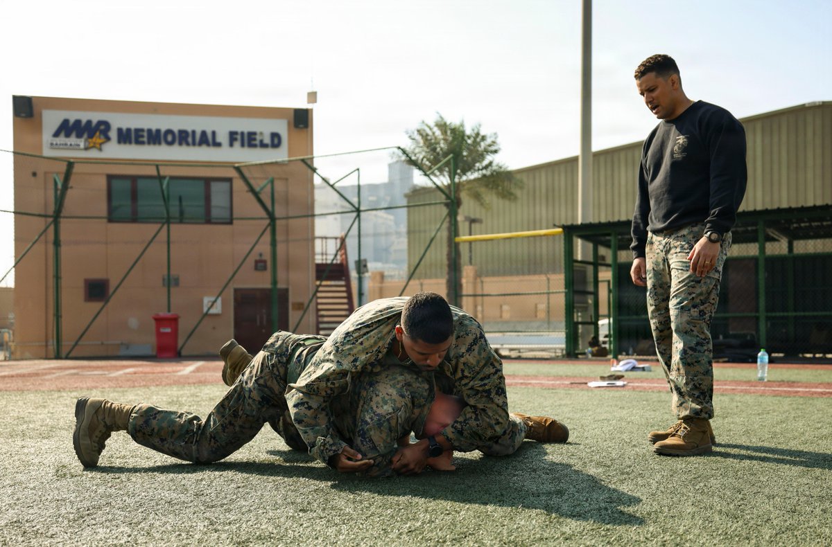 USMC's tweet image. #Marines with Task Force 51/5th Marine Expeditionary Brigade practice Marine Corps Martial Arts Program techniques onboard Naval Support Activity Bahrain. 

To progress to the next belt in the Marine Corps Martial Arts Program, Marines must complete a set number of training hours…