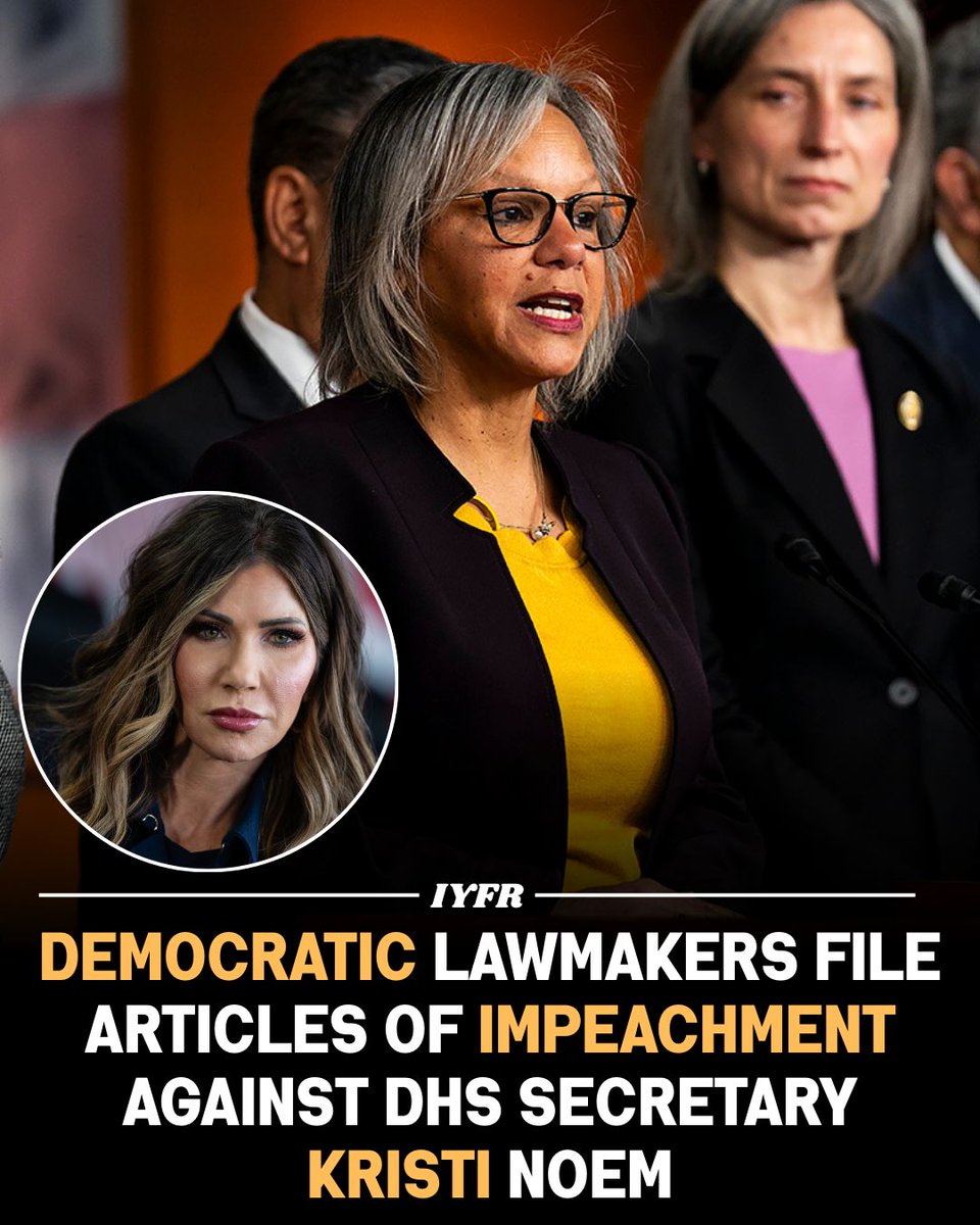 InYourFaceRadio's tweet photo. Democratic House members, spearheaded by Rep. Robin Kelly, filed articles of impeachment against DHS Secretary Kristi Noem on January 14, 2026, citing obstruction of Congress, violations of civil rights and due process, and misuse of taxpayer funds.
#KristiNoem #Impeachment #DHS https://t.co/7u64d70BJ0