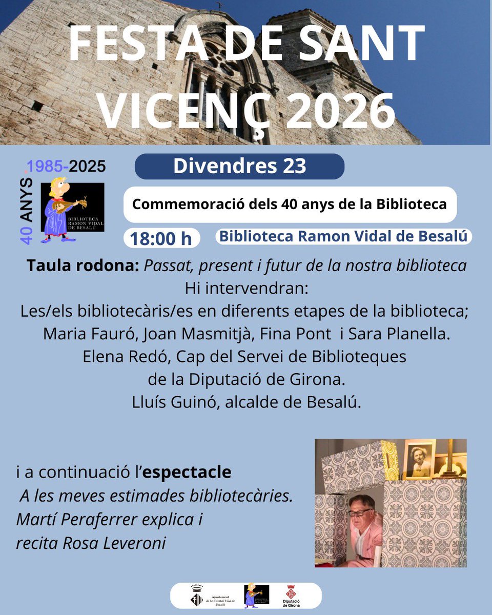 lluisguino's tweet photo. Setmana vinent celebrarem la Festa petita de Sant Vicenç, patró de la parròquia de #Besalú. Enguany amb la celebració del 40è aniversari de la @bibliobesalu @bibliotequescat 
@MBalateu @BarceloDuran @marifauro @FinaPont @Aj_Besalu https://t.co/tEXYSIzbLH