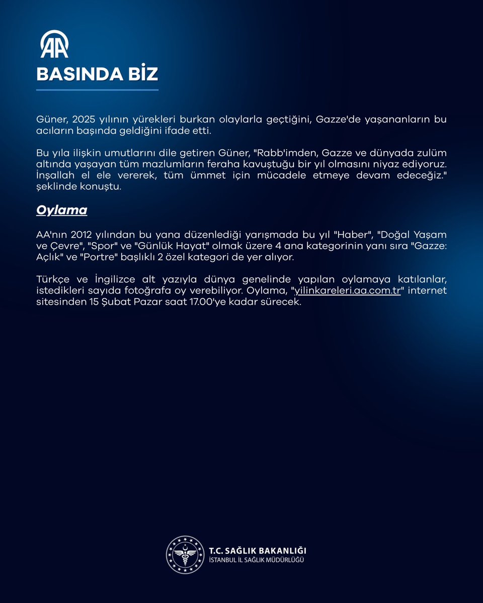 Anadolu Ajansı’nın (AA) her yıl düzenlediği “Yılın Kareleri” oylamasına katılarak, 2025 yılına damga vuran fotoğrafları büyük bir dikkat ve duygu ile inceledim.

Her bir kare; yalnızca bir anı değil, aynı zamanda insanlığın ortak hafızasını, umutlarını ve acılarını taşıyan güçlü
