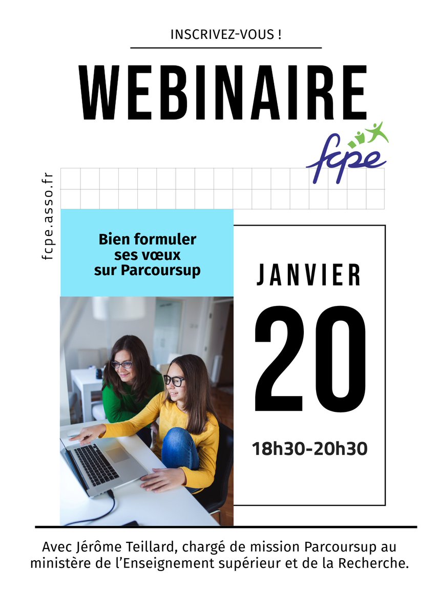 parcoursup_info's tweet photo. Parent d'élève en classe de terminale ?
Participez au webinaire Parcoursup organisé avec la  @FCPE_nationale !

🔔 Rendez-vous mardi 20 janvier de 18h30 à 20h30.

Inscription obligatoire (ouverte à tous) 👇
https://t.co/eozDvXjPCB https://t.co/ZOStNKLZBH