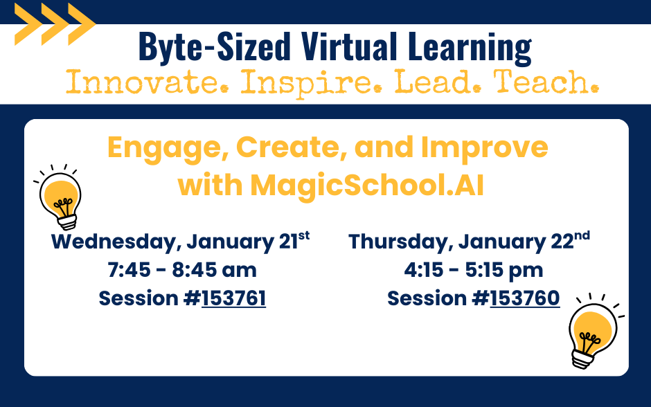 NISDAcadTech's tweet photo. Our Byte Sized Virtual Professional Learning series starts this week (Wed or Thur) w/ Engage, Create, and Improve with https://t.co/BMmezEvYqT  - if you're just getting started with MagicSchool join us!🔗to register in bio https://t.co/I3J4EytXlV