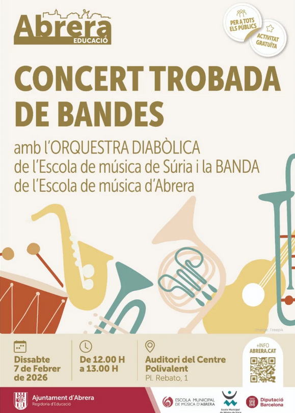 MusicaSuria's tweet photo. Música a Abrera: Actuació de l'Orquestra Diabòlica de l'Escola Municipal de Música de Súria.
Dissabte 7 de febrer. 12.00 h. Auditori del Centre Polivalent d'Abrera.
Concert Trobada amb la Banda de l’Escola Municipal de Música d’Abrera.
https://t.co/zUyv8pWXHZ https://t.co/WBl1DGhxmk