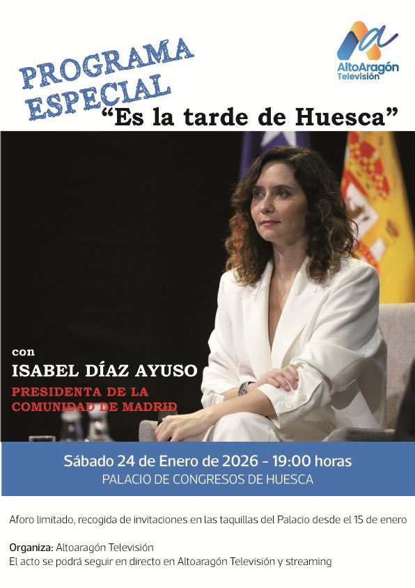 AltoaragonTV's tweet photo. @IdiazAyuso será la próxima invitada al programa “Es La Tarde de Huesca” con @barecha en @AltoaragonTV el próximo sábado 24 de enero a las 19.00h en el @pcongresoshu https://t.co/VixiHCn5aH