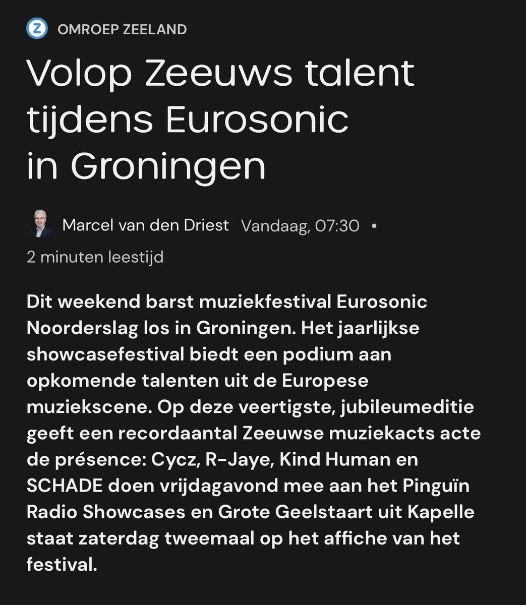 hugodejonge's tweet image. Een recordaantal Zeeuwse bands speelt dit jaar op Eurosonic Noorderslag in Groningen. Een mooie springplank voor aankomend talent om zich te presenteren aan een breed publiek. Veel succes en plezier gewenst aan alle Zeeuwse artiesten!

🔗 omroepzeeland.nl/nieuws/1811952…