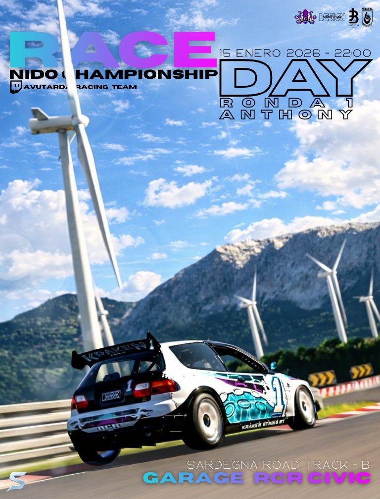 🏁 𝗡𝗜𝗗𝗢 𝗖𝗛𝗔𝗠𝗣𝗜𝗢𝗡𝗦𝗛𝗜𝗣 🏁

📍 𝖱𝗈𝗇𝖽𝖺 1 <a href="/AvutardaTeam/">Avutarda eSports</a>  

🐙 <a href="/KRK_AnthonyLP23/">KRK_AnthonyLP23</a> 
🏎️ Garage RCR Civic
🖌 <a href="/Con_ToEl_Flow/">ConToelFlow_Designs</a> 

🇮🇹 Sardegna B
🕤 𝟤𝟤:𝟢𝟢

🖼 <a href="/iasefe23/">KRK_ISequeiros ツ</a>  
 
📺 twitch.tv/avutarda_racing