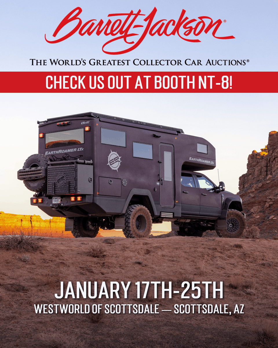 EarthRoamer's tweet photo. We're heading back to Barrett Jackson Jan 17-25! Find us right inside the main entrance at booth NT-8 with our new SX 2.0 and updated LTx. Make sure to stop by, say hi to the team, and check out our latest adventure vehicles! 👋 #earthroamer #BarrettJackson https://t.co/86axsJX9xK