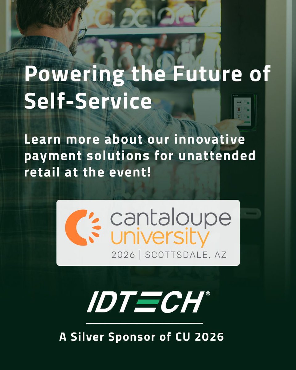 idtechproducts's tweet image. We’re proud to continue our long-term partnership with @cantaloupeinc_ and excited to participate as a Silver Sponsor at Cantaloupe University 2026 in Scottsdale, AZ. 🎓✨ If you’ll be attending CU 2026, let’s connect and talk about what’s next for self-service retail. 

#IDTECH