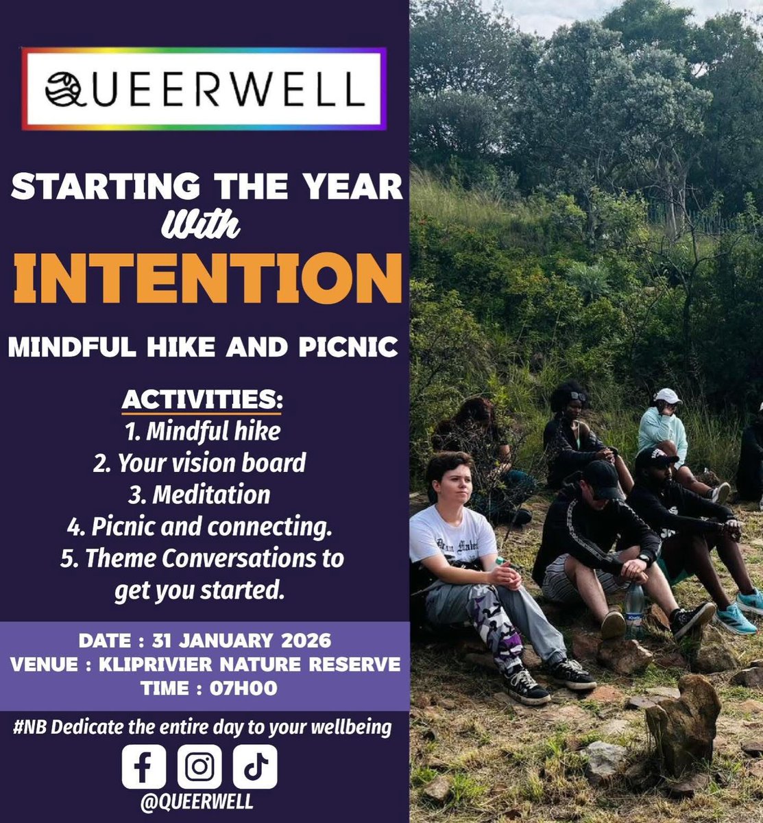 Good evening beautiful Khwiyes 👋🏾

Plug a Khwiye with a mindful hike with  <a href="/Queerwell1/">Queerwell</a> 
Details in the image below. Feel free to DM me or Queerwell.

#Khwiye