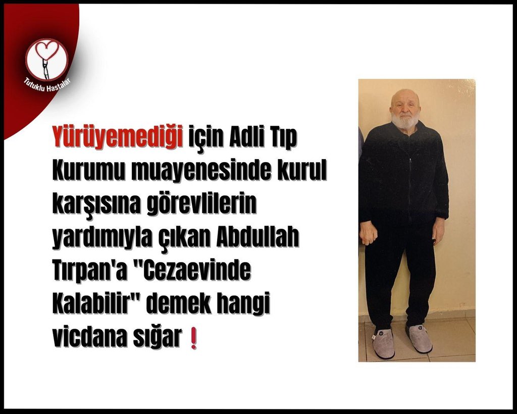 YETKİLİLERE SESLENİYORUZ ❗️

10 ayda 40 defa hastaneye götürülen Abdullah Tırpan, koğuşta düştü, bilincini kaybetti. Bu kadar hasta ve yaşlı olan birinin cezaevinde kalmasın hangi vicdana sığar? 
<a href="/adalet_bakanlik/">T.C. Adalet Bakanlığı</a> 
<a href="/aydinsule1/">Şule Aydın</a>

#BarışGelsinKHKBitsin Susuz Başkent #PoliseMobbing