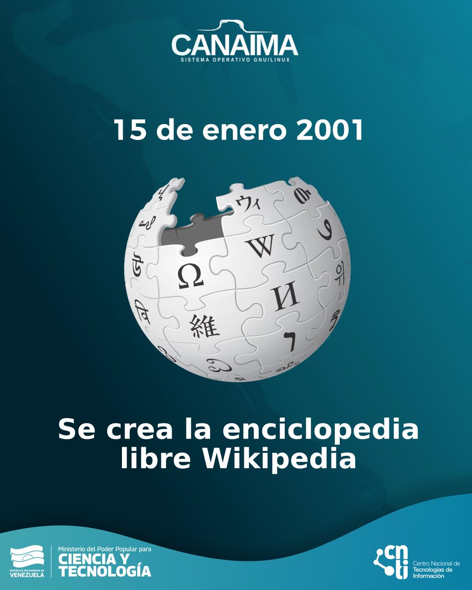 Hoy se cumplen 25 años de la creación de la #wikipedia 

¿Quién no ha usado la Wikipedia al menos una vez en su vida?

Wikipedia fue creada el 15 de enero de 2001 por Jimmy Wales y Larry Sanger y actualmente cuenta con más de 63 millones de artículos disponibles.

¿Lo sabías?