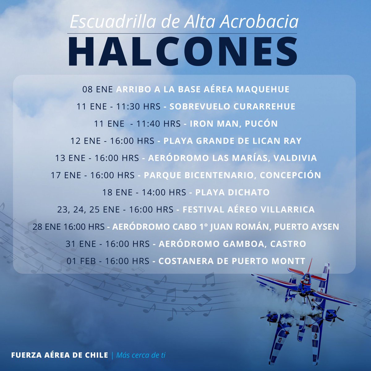 FACh_Chile's tweet photo. 🚨 ¡Atención #Concepción!
Este próximo sábado 17 a las 16:00 hrs. el cielo del Parque Bicentenario se robará todas las miradas📷
@Team_Halcones.
Este verano estamos #MASCercaDeTi, con una agenda increíble:
🛩️ Presentaciones aéreas y
📷 Encuentros musicales. https://t.co/ePoOED5B1N