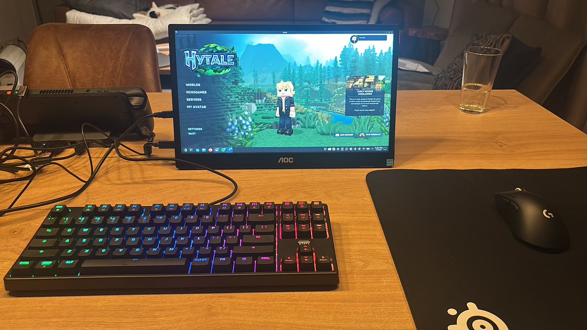FussiaCS's tweet photo. My house burned down but my homeless setup goes hard so I can still play @Hytale https://t.co/c8407HxSlQ