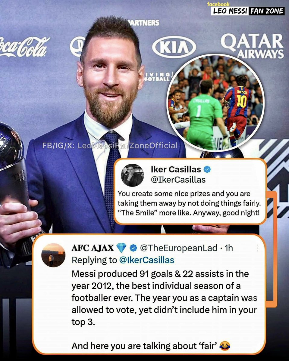 LeoMessiFanZone's tweet photo. 🚨When Leo Messi won the FIFA best & former Real Madrid goalkeeper Iker Casillas was trying to criticise FIFA The Best 2023 award! 😮👀

Then a Messi fanboy destroyed him in reply! 💀

N:B: Lionel Messi sent 17 bottles of Beer to Iker Casillas home as a gift of those 17 goals Messi scored against him vs Real Madrid! 🍺🥶💫