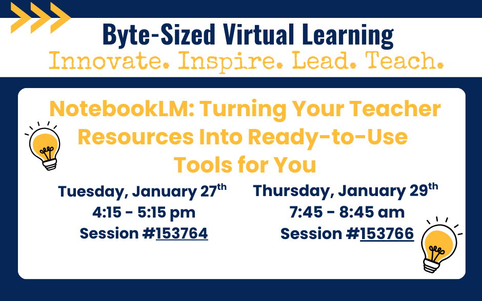 NISDAcadTech's tweet photo. Week 2 of Byte Sized Virtual Professional Learning is here!  Each session is short, practical, and flexible.  Tues and Thurs we're exploring NotebookLM for Teachers and Wed we have a HS only session helping teachers ready to leverage NotebookLM w/ STUDENTS 🥳 https://t.co/zPVUrUMGH0