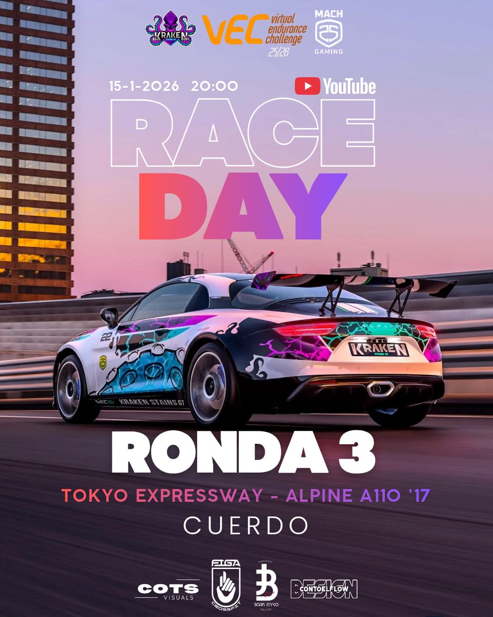 🏁Virtual Endurance Challenge🏁

📍 Ronda 3 VEC <a href="/Mach25Gaming/">Mach25 Gaming</a>

🐙 <a href="/KRK_cuerdo1505/">Efram Álvarez</a>

🇯🇵  Tokyo Oriental II

🚗 Alpine A110
🖌 <a href="/Con_ToEl_Flow/">ConToelFlow_Designs</a>

🖼 <a href="/KRK_Aitorcota/">Aitorcota</a>

🕤 20:00 
🎥 youtube.com/@Mach25Gaming