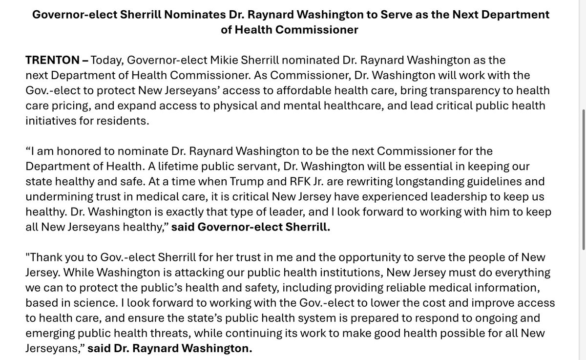 Inbox: <a href="/MikieSherrill/">Mikie Sherrill</a> taps North Carolina county health dept official to be the next <a href="/NJDeptofHealth/">NJDOH</a> commissioner.