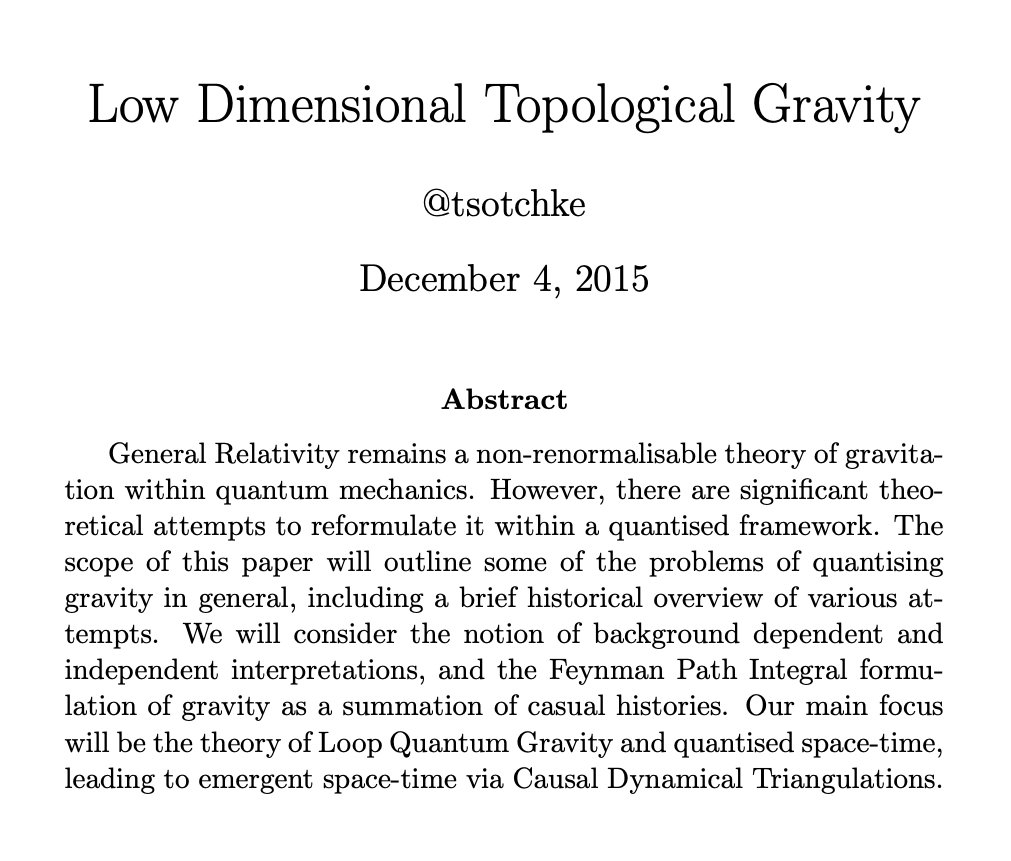 tsotchke's tweet photo. with the completion of the QGTL fast approaching it seems like a fine chance to release some of my older research which was inspirational in its development. here we explore gravity as an exactly solvable theory in (2+1)-dimensions and its relationship to topological invariants. https://t.co/B4eVxdqtqY