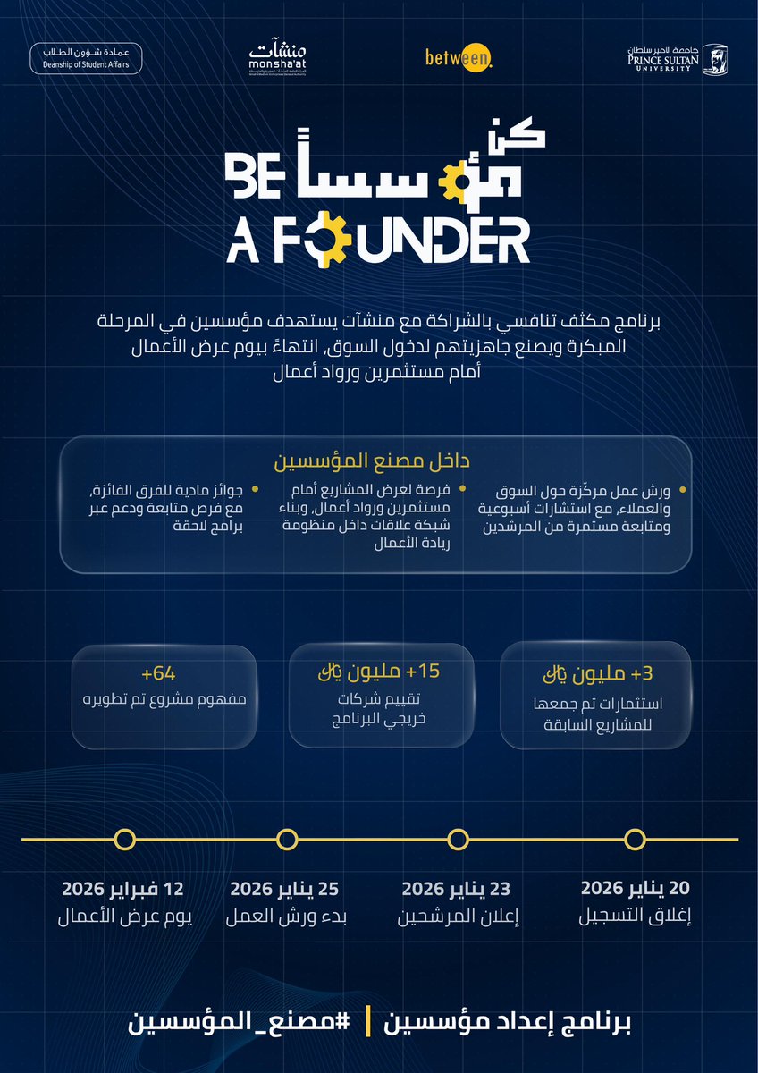 urpath_sa's tweet photo. برنامج | كن مؤسساً💡

إذا كنت مؤسسًا في المرحلة المبكرة، مصنع المؤسسين فتح أبوابه.
برنامج تنافسي بالشراكة مع منشآت، يضع المؤسسين في تجارب سوق حقيقية، بإرشاد رواد أعمال، وينتهي بلحظة المواجهة؛ يوم عرض الأعمال أمام المستثمرين 💰

🗓️التاريخ: يبدأ من 25 يناير (لمدة 3 أسابيع)
🕒 الوقت: 6:00 – 9:00 مساءً
📍 حضوري: جامعة الأمير سلطان – الرياض
⏳ انتهاء التسجيل: 20 يناير أو حتى اكتمال العدد

🔗 سجّل الآن: https://t.co/abXiUhZs8N

#️⃣ #برنامج #الرياض #ريادة #ابتكار 

⸻

💡 لا تفوت أي فرصة، تابع منصات Urpath:
https://t.co/1soQsCShy2