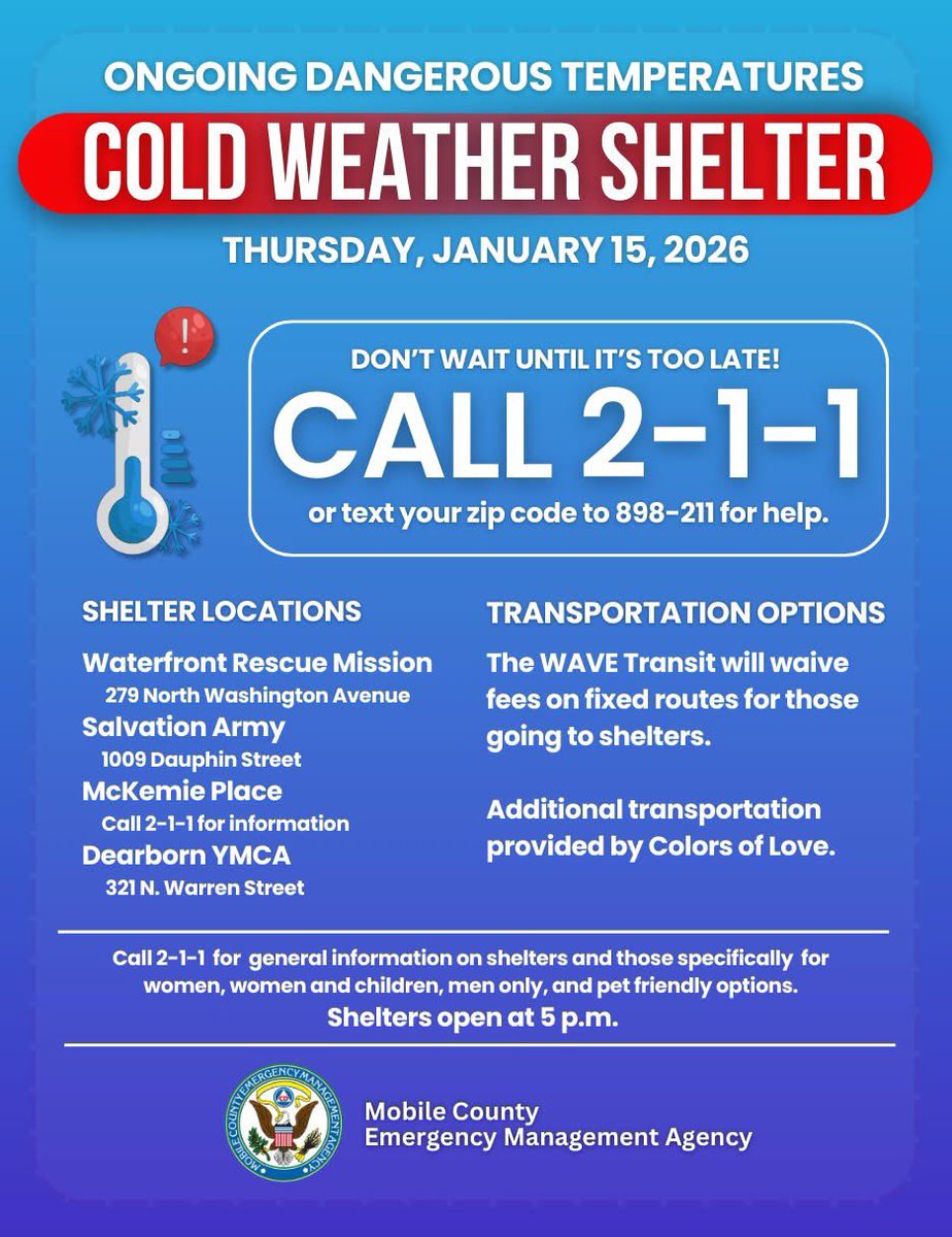 Please see the information below regarding cold weather shelters opening this evening at 5:00 P.M.