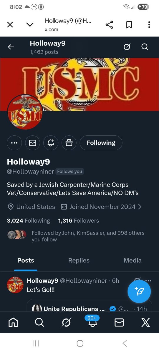 Hawkesbay69's tweet photo. Let's take this USMC veteran over the 1.5k mark and beyond, connects back 
@Hollowayniner 
F&amp;R
✨️🫶💯🇺🇸🫡 https://t.co/LIydDi8Zce