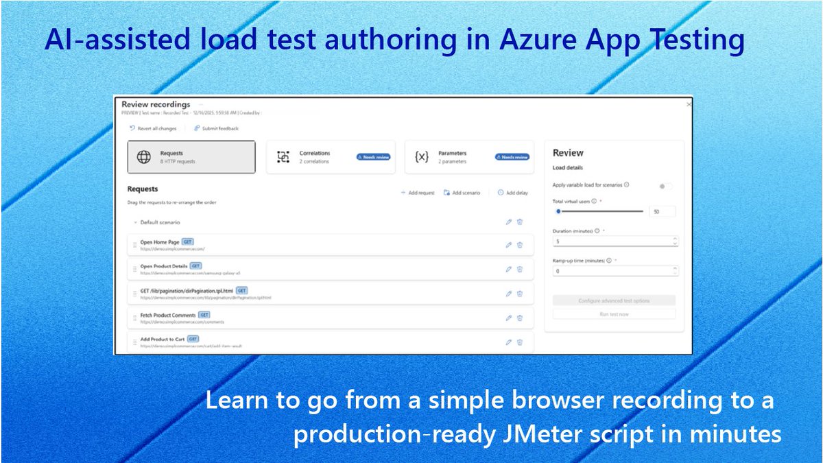 AzureDevOps's tweet photo. Smarter load testing is here! 🤖
Azure App Testing now supports AI-assisted load test authoring—making it easier to design realistic scenarios and optimize app performance without the guesswork.
👉 Learn more: https://t.co/fG6LzxAKGA
#Azure #LoadTesting #AI https://t.co/uF45Ar7zJC