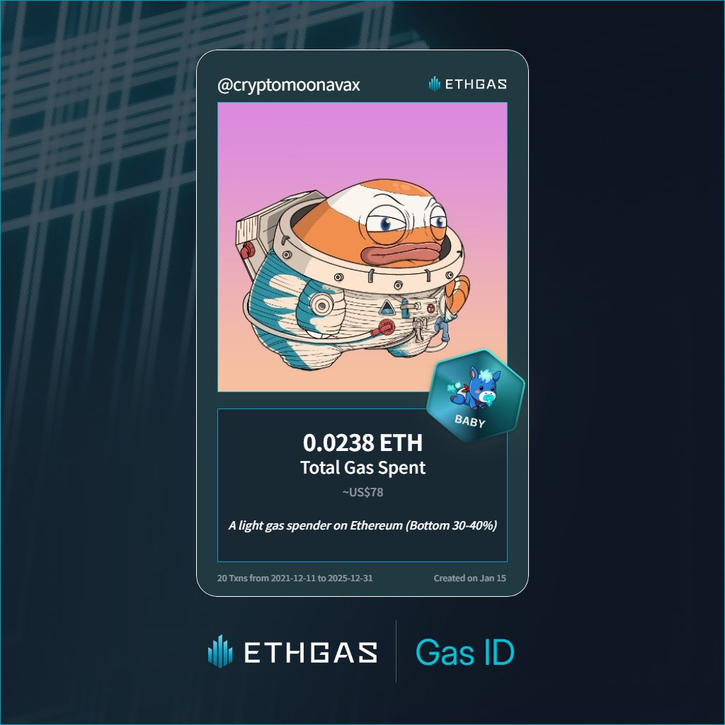 Discovered my Gas ID via ETHGas - turning my gas spend into rewards 🫘

As a Baby Jack, I've spent 0.0238 ETH on gas but earned 4 Beans back.

Get your Gas ID and Beans here: ethgas.com/community/gas-…