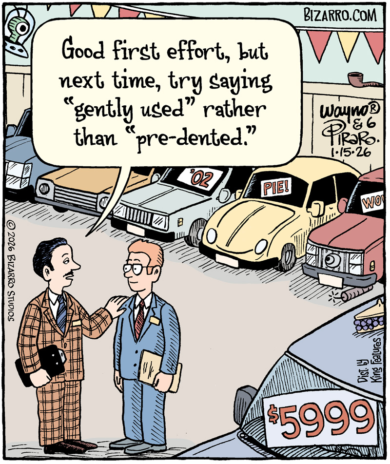 Perfect Pitch
•••
More low-mileage cartoons are at ComicsKingdom.com/Bizarro
•••
#comics #bizarro #usedcarsales

<a href="/ComicsKingdom/">Comics Kingdom</a>
